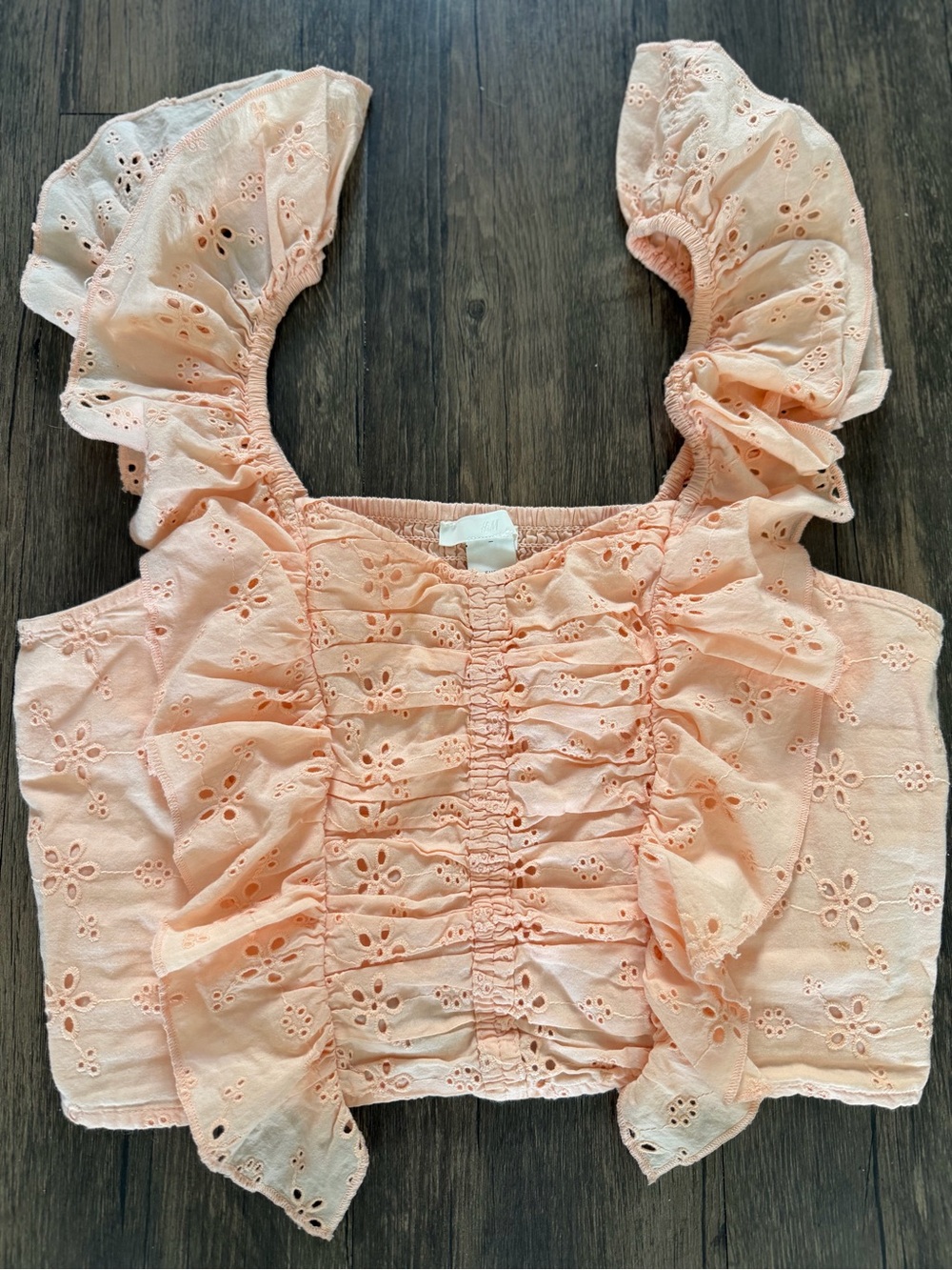 H&M Peach Ruffle Sleeve Eyelet Embroidery Tank Top Stretch Shirt Blouse Summer M - Picture 4 of 12